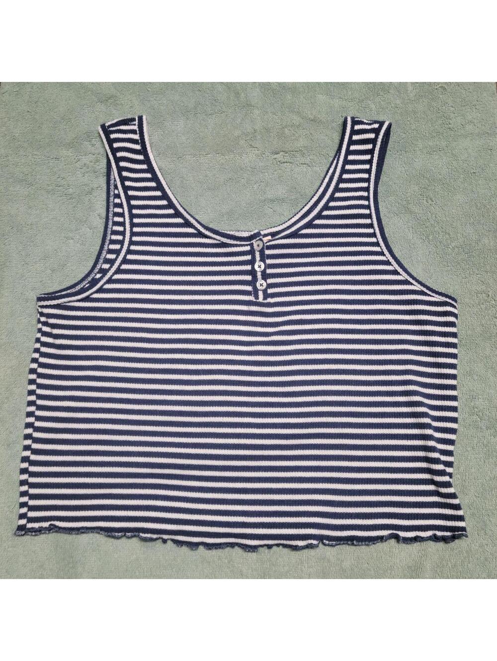 Good For Life Women’s 1X Navy & White Striped Button Front Tank Top